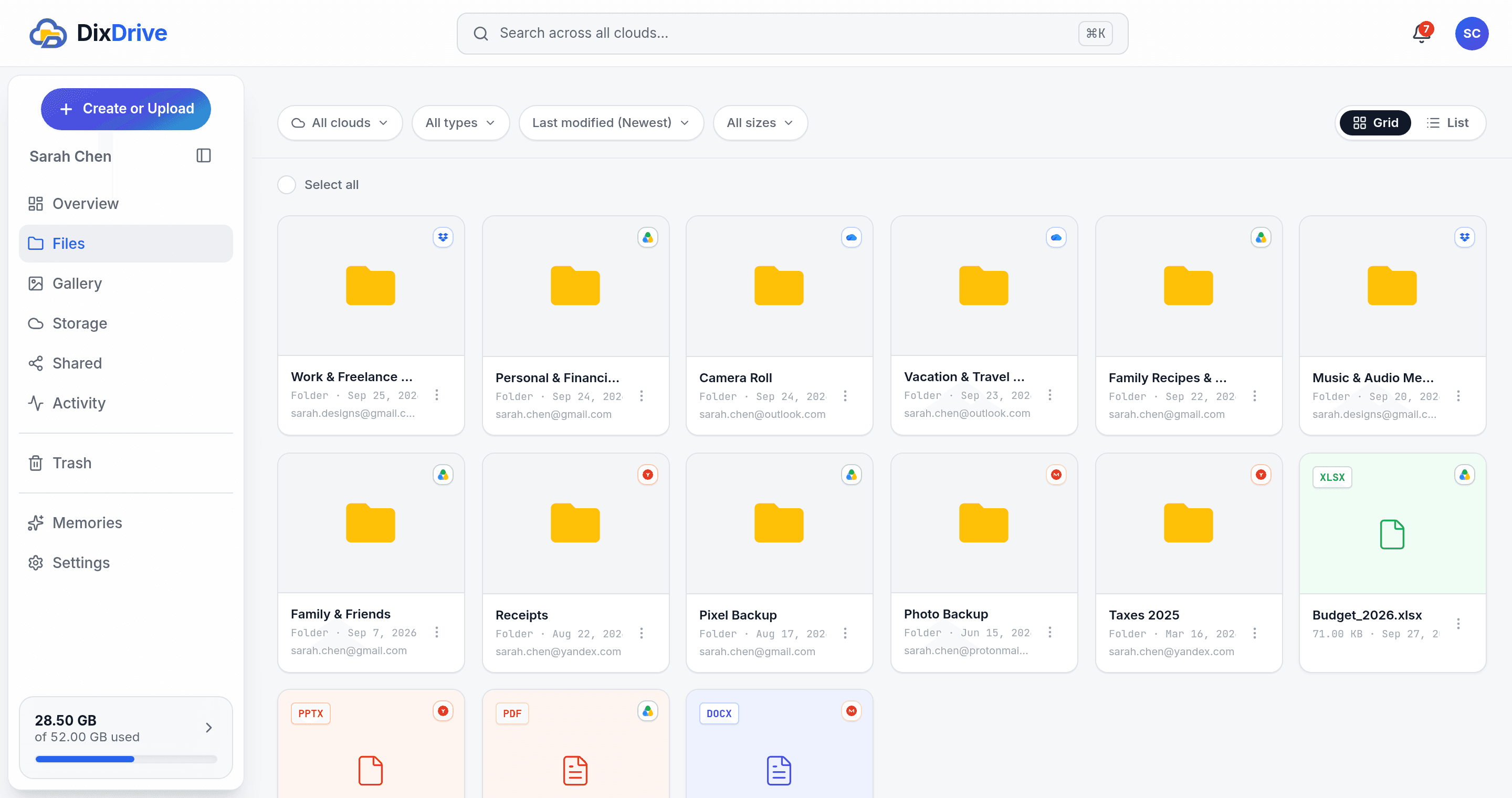 DixDrive Files view showing folders from Dropbox, Google Drive, and OneDrive and a Yandex Disk presentation in one grid
