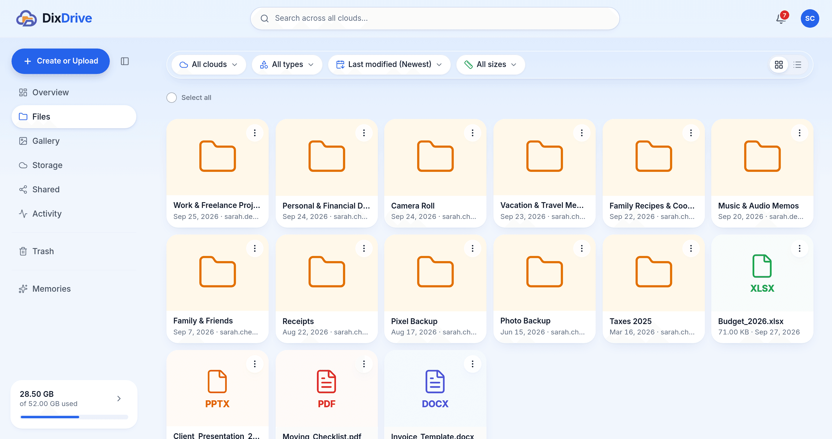 DixDrive Files view showing folders from Dropbox, Google Drive, and OneDrive and a Yandex Disk presentation in one grid