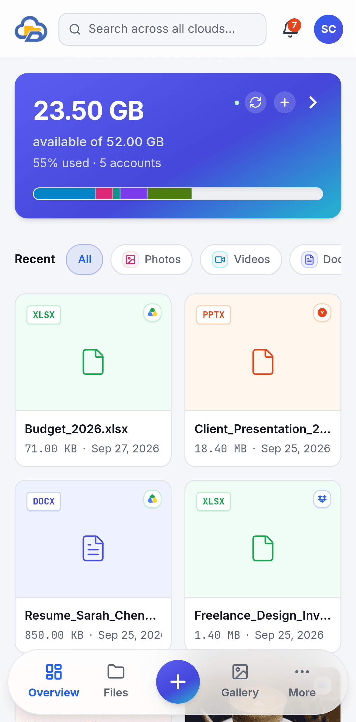 DixDrive overview on a phone: free space across five connected cloud accounts, above recent files from each of them