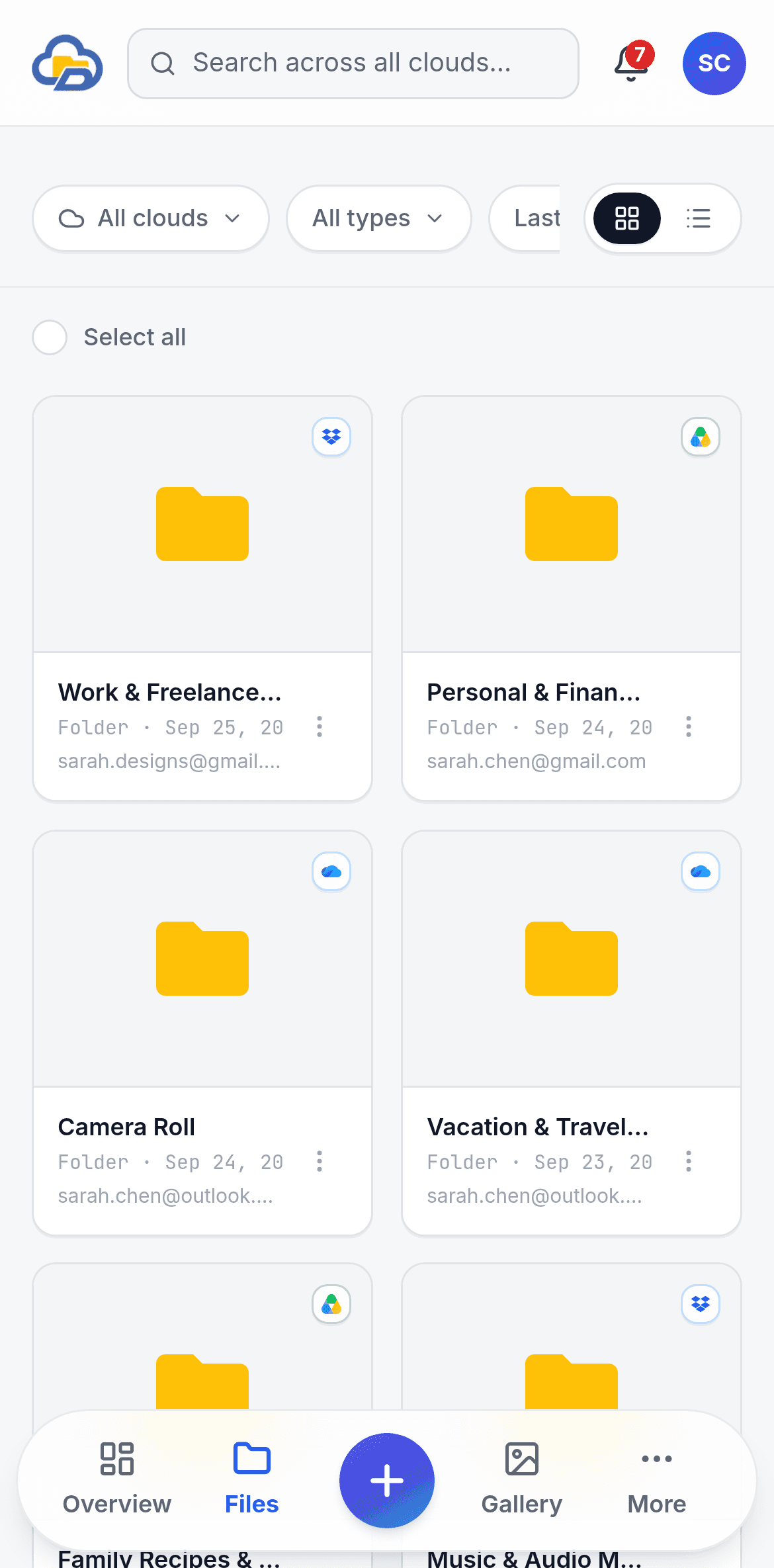 DixDrive Files on a phone, the same folders from every cloud in one list