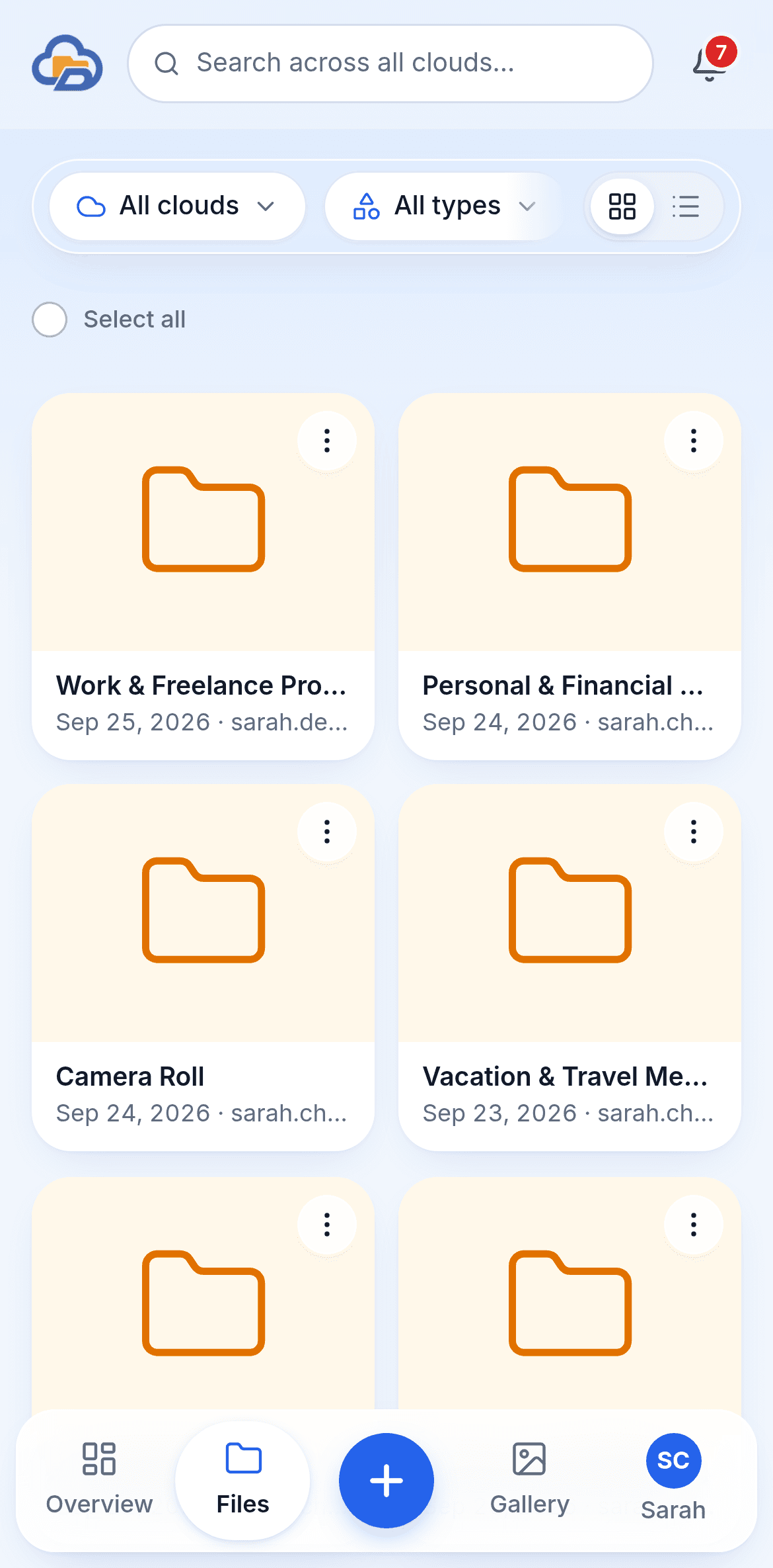 DixDrive Files on a phone, the same folders from every cloud in one list